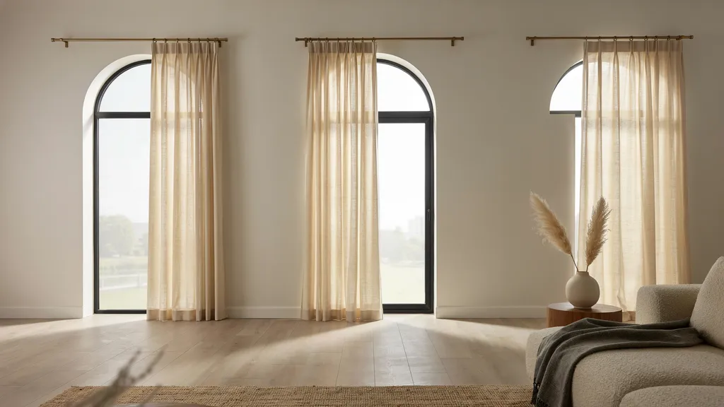 window display showing different curtain hanging styles including hovering grazing and puddled looks in modern interior.