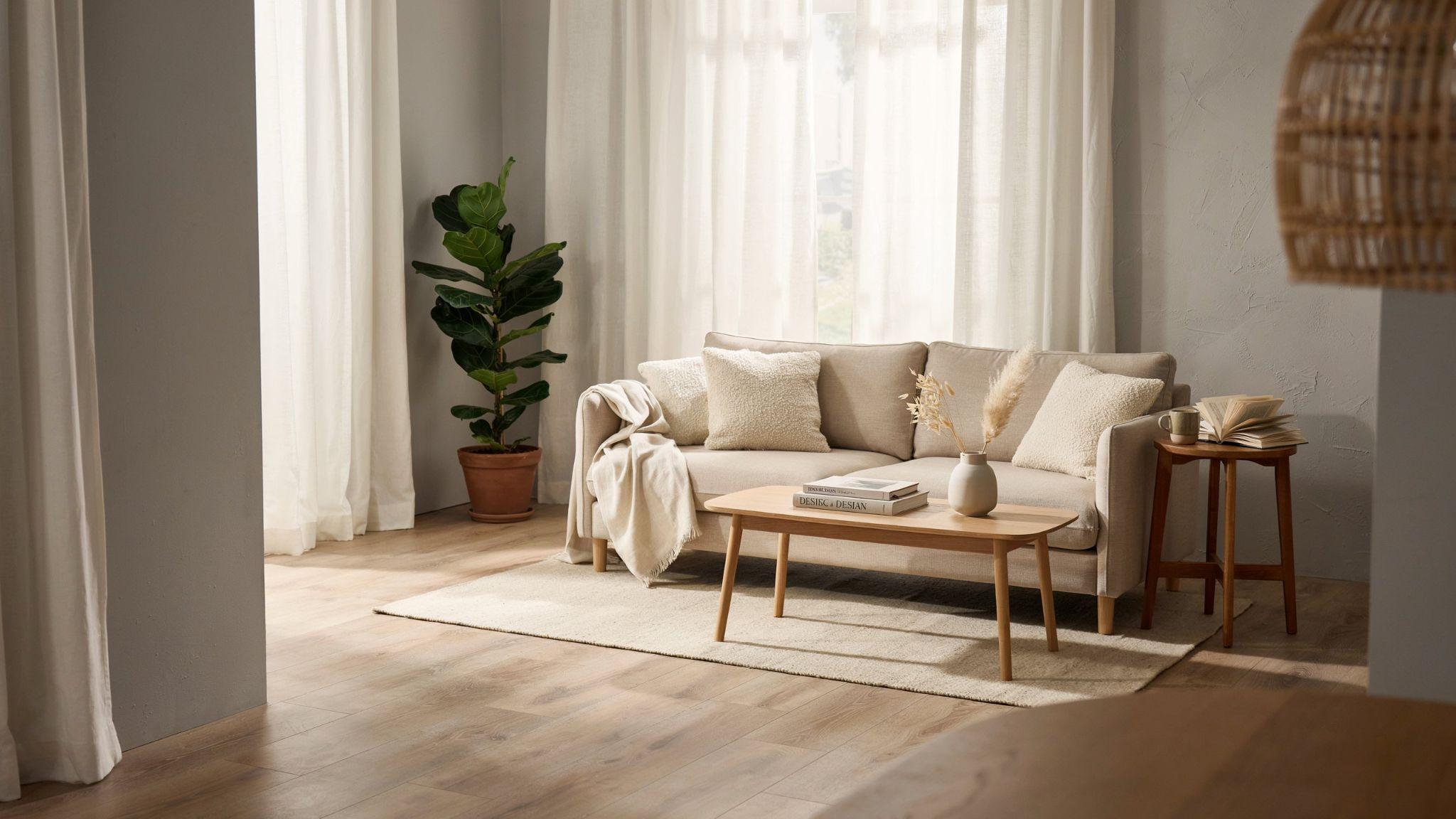 "Minimalist gray living room with white curtains and natural daylight creating a bright airy Scandinavian style interior"