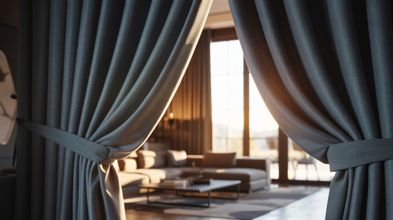 "Thick blackout curtains blocking intense summer heat and sunlight in a modern living room."