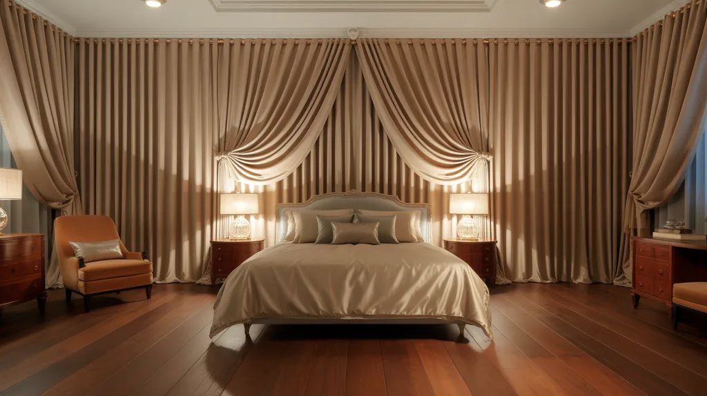 Wide curtains pooling on the floor for a luxurious bedroom look.