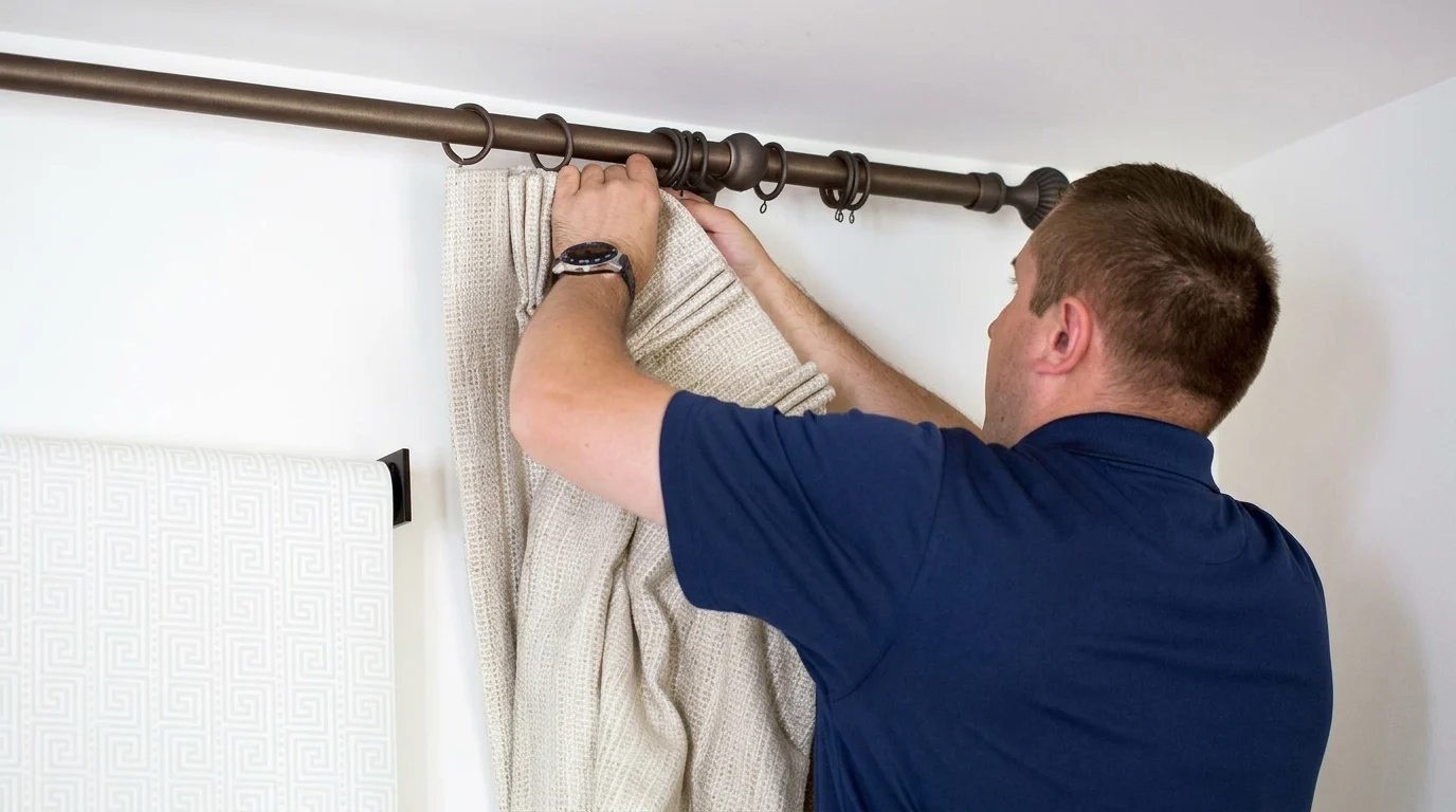 Person installing beige curtains onto a bronze rod mounted high on the wall above a window.
