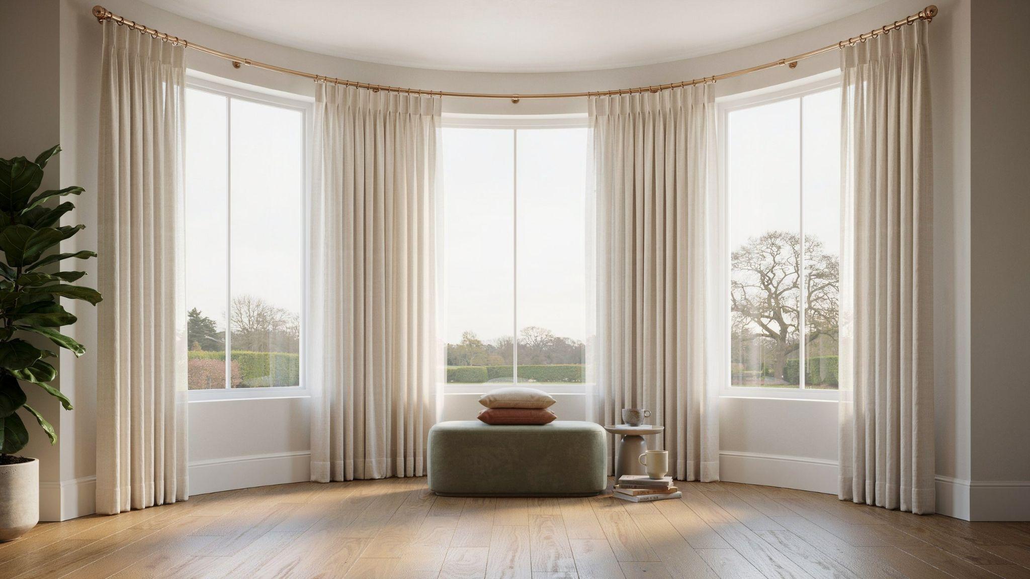 Curved curtain rod fitted to bay window with flowing curtains in elegant architectural interior