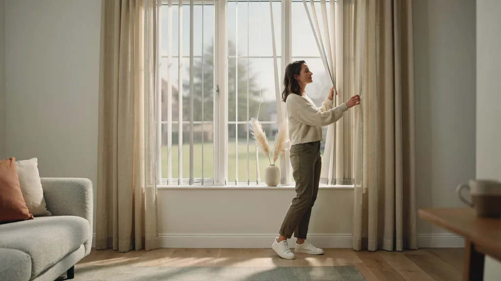Testing vertical blinds after curtain installation to ensure smooth movement without snagging.