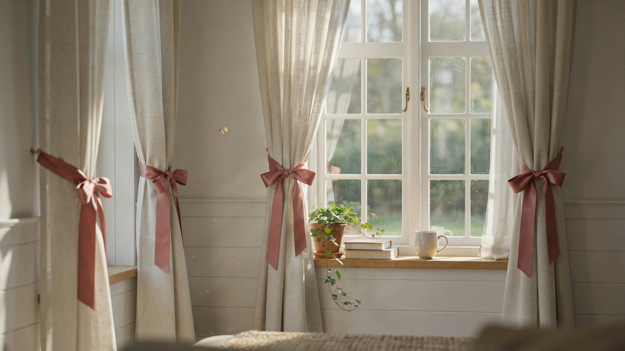Airy room with linen curtains tied back using wide dusty rose satin ribbons made into large DIY bows.