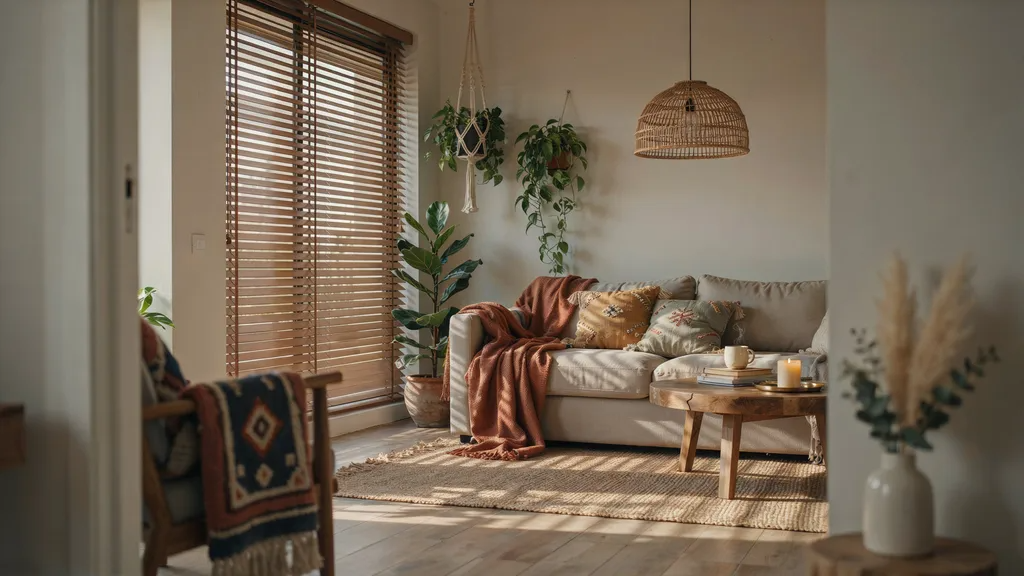 Woven wood blinds in a cozy living room