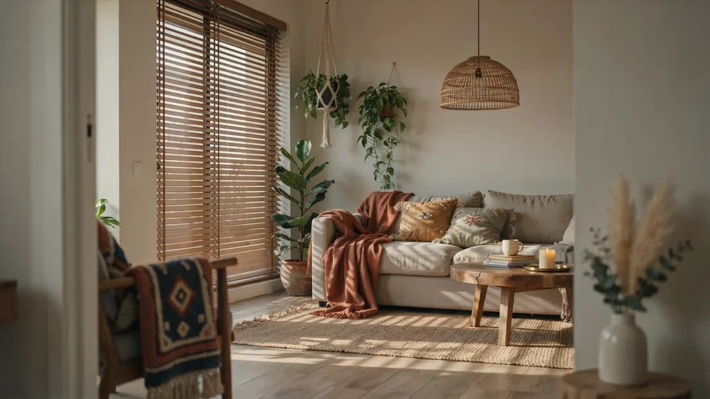 Woven wood blinds in a cozy living room