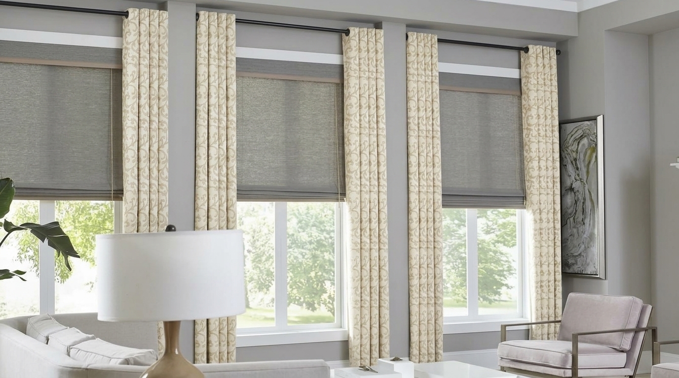 Three side-by-side windows styled with gray roller shades layered under cream patterned floor-length curtains on black rods.