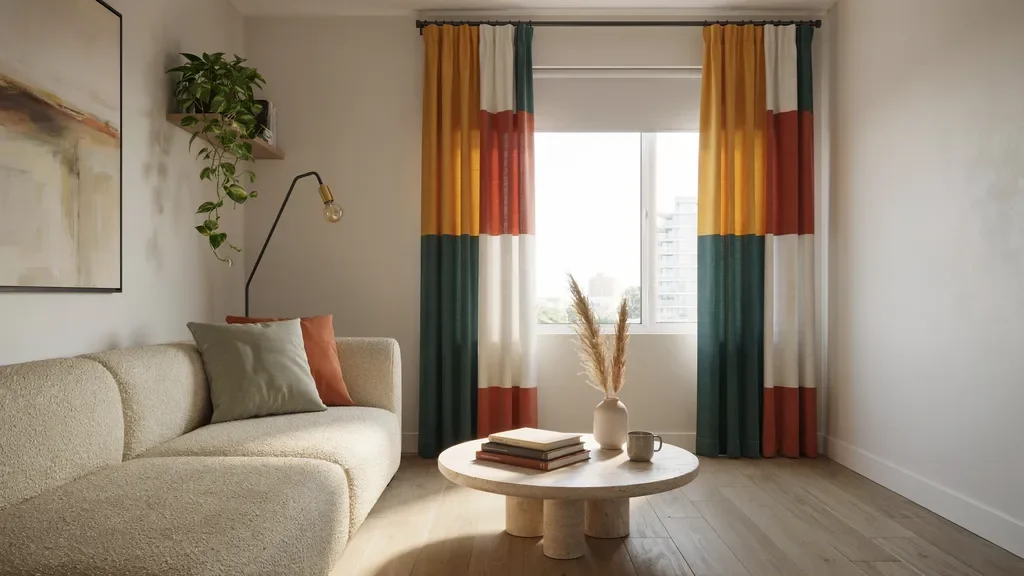 Bold patterned curtains with simple blinds creating a striking window contrast