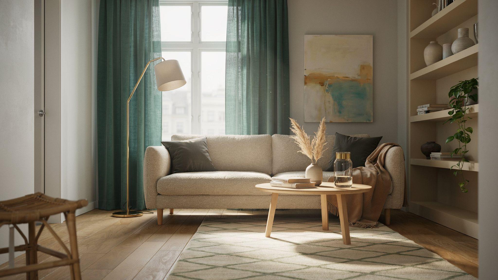 "Modern gray living room with bold teal curtains adding vibrant contrast and balanced warm wood and brass accents"