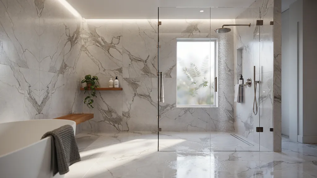 "Modern walk-in shower with frosted window allowing natural light while maintaining privacy in a luxury bathroom interior"