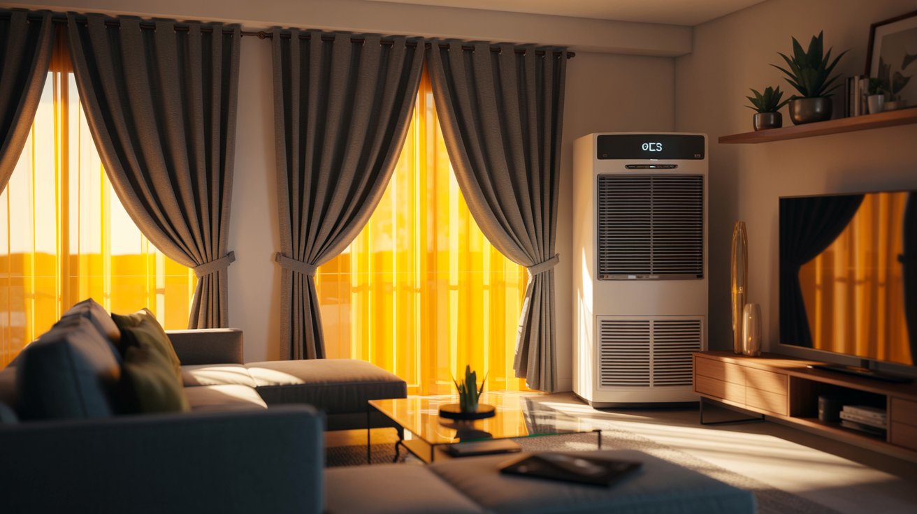 "Blackout curtains helping reduce indoor heat and lower air conditioning energy use in summer."