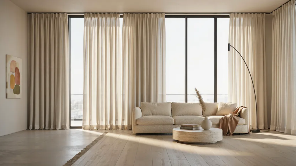 floor to ceiling windows with ceiling mounted curtain rod and long flowing curtains creating tall classy interior design effect.