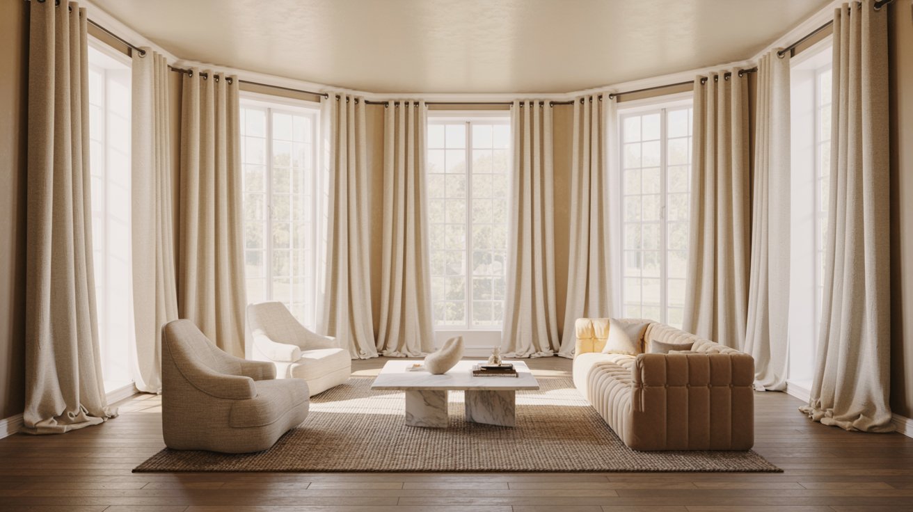 Curtain panels extending from ceiling-mounted rods to floor in elegant room with tall ceilings.