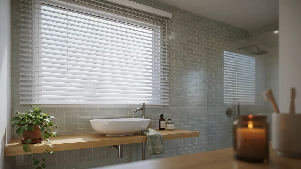 PVC Venetian blinds installed in a bathroom or laundry room window, showing clean, water-resistant white slats in a practical setting.