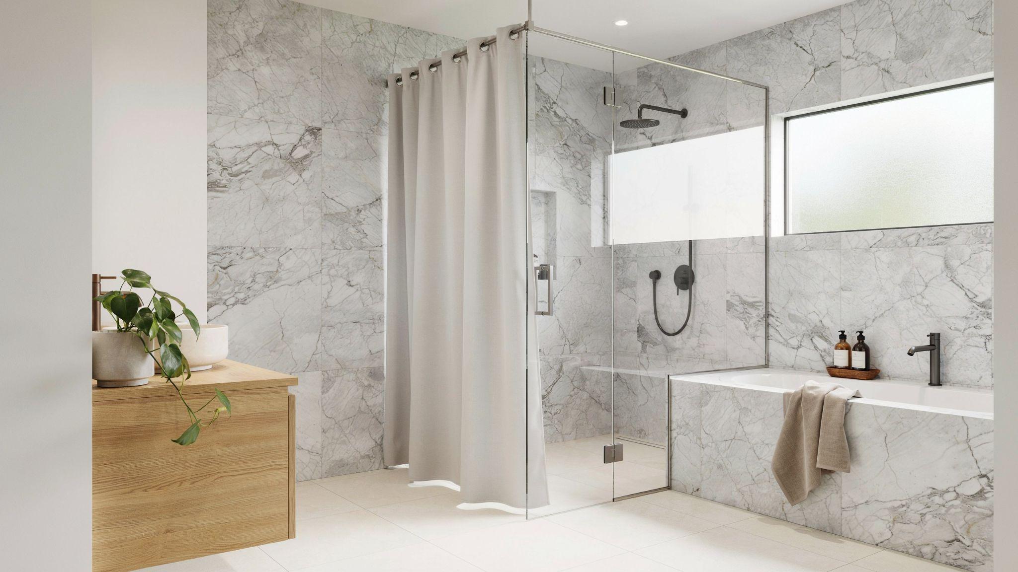 Thick EVA shower curtain liner providing durable waterproof protection in an classy bathroom.