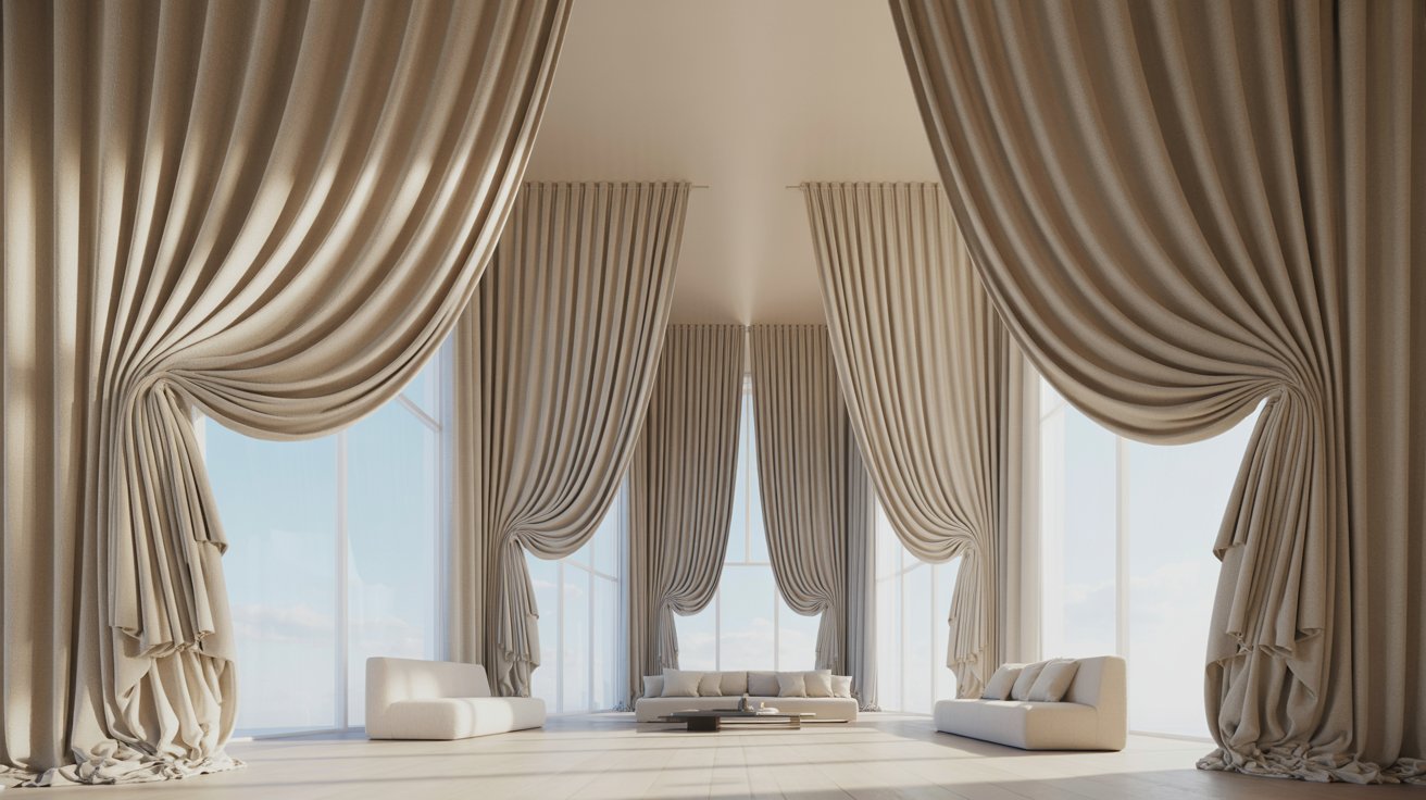 "Modern living room with floor-to-ceiling curtains that enhance height and make the space feel larger."