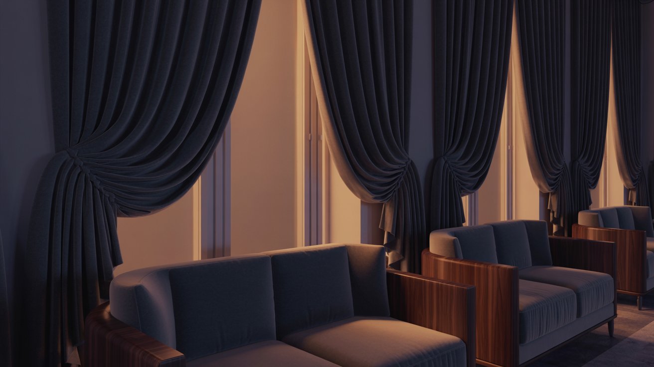 "Luxury living room with rich navy velvet curtains adding warmth, depth, and a sophisticated atmosphere."