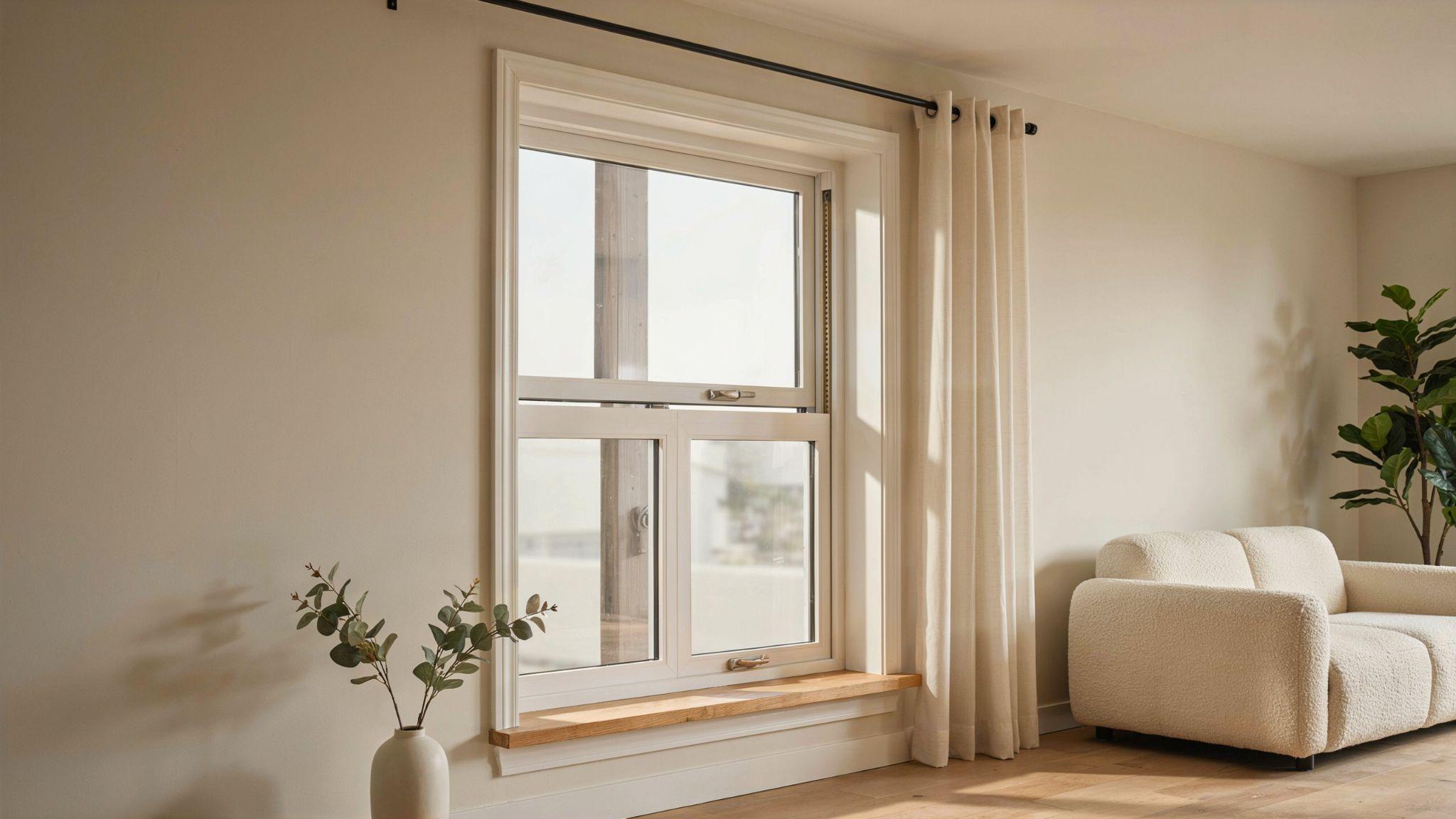 Modern window displaying frame sash glass and hardware components in detailed residential setting