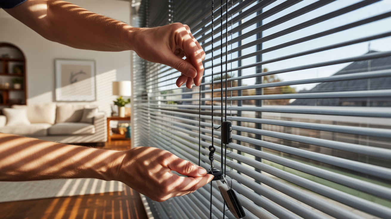 "Person correctly lowering window blinds in a modern living room to prevent damage and ensure smooth operation."