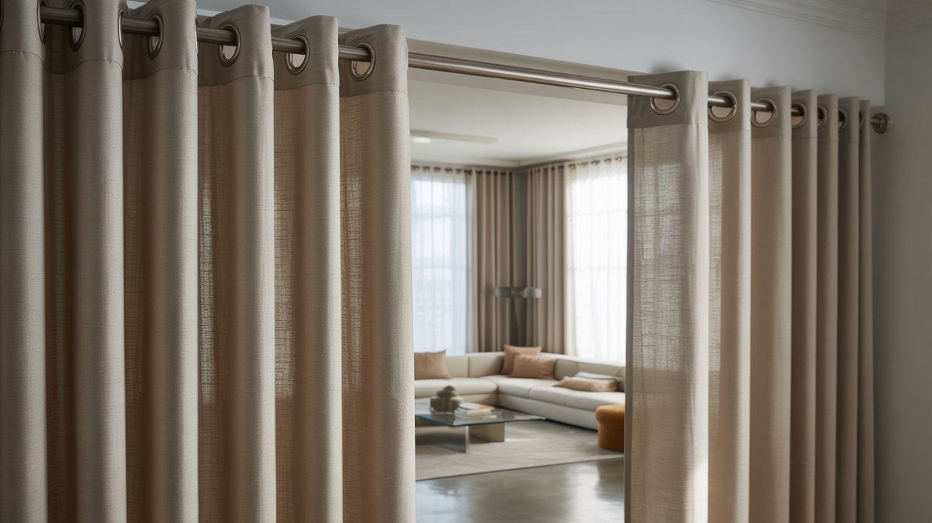 "Modern living room with grommet curtains featuring metal rings that slide smoothly for a clean contemporary look."