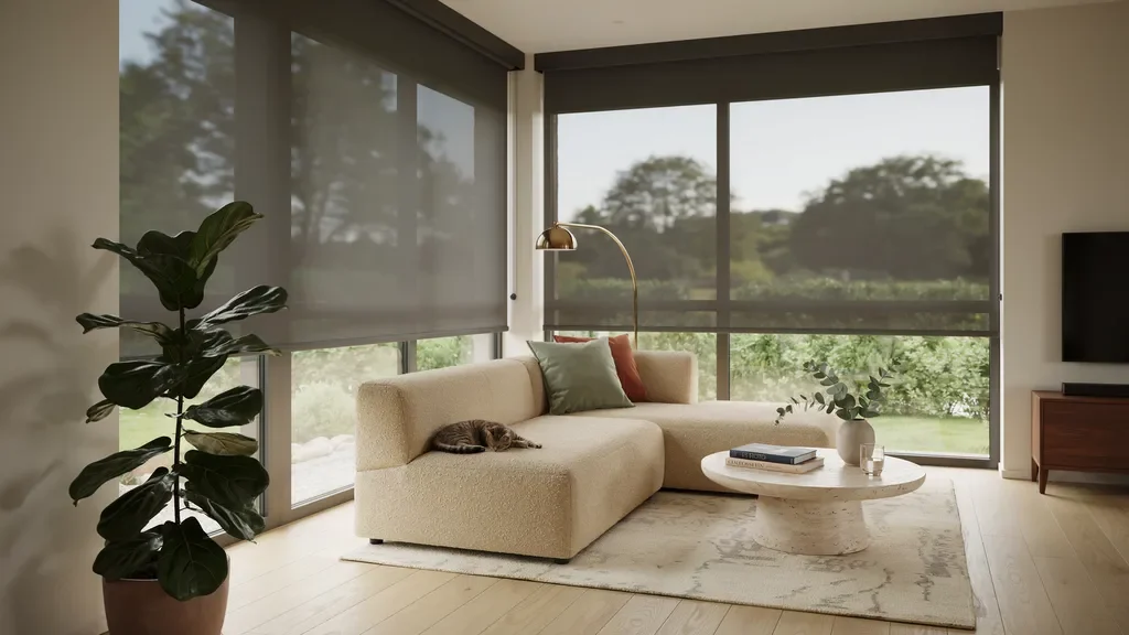 Solar shades reducing glare in a living room