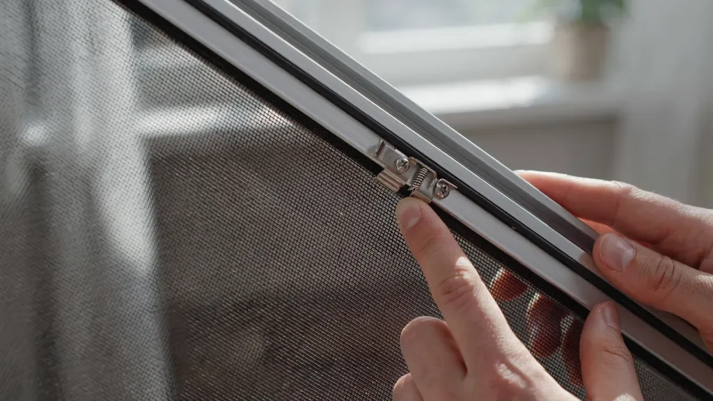 "Close-up of hands inspecting a window screen frame to identify clips and release mechanisms before removal."