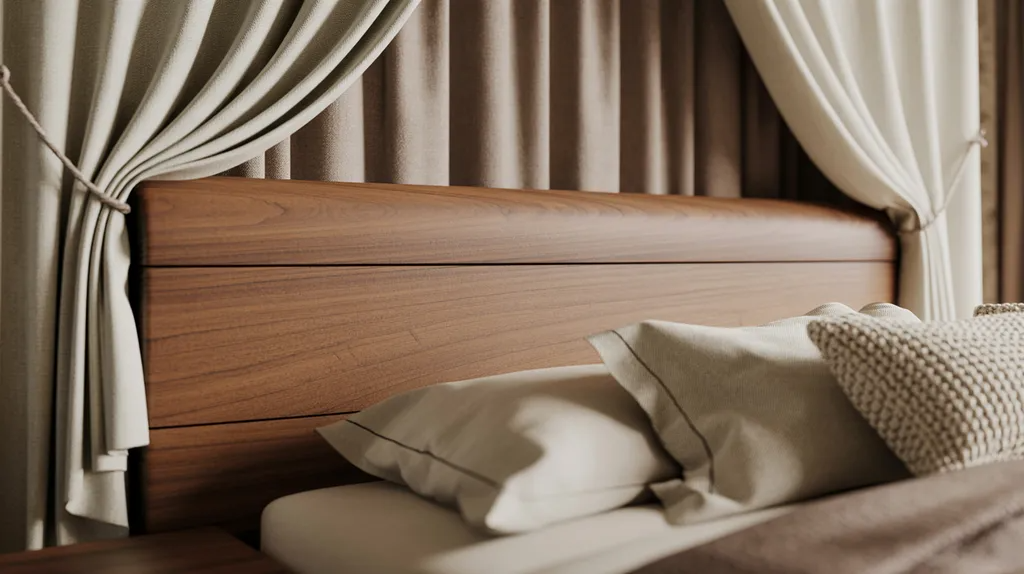 Wood headboard paired with curtains creating a balanced bedroom design.