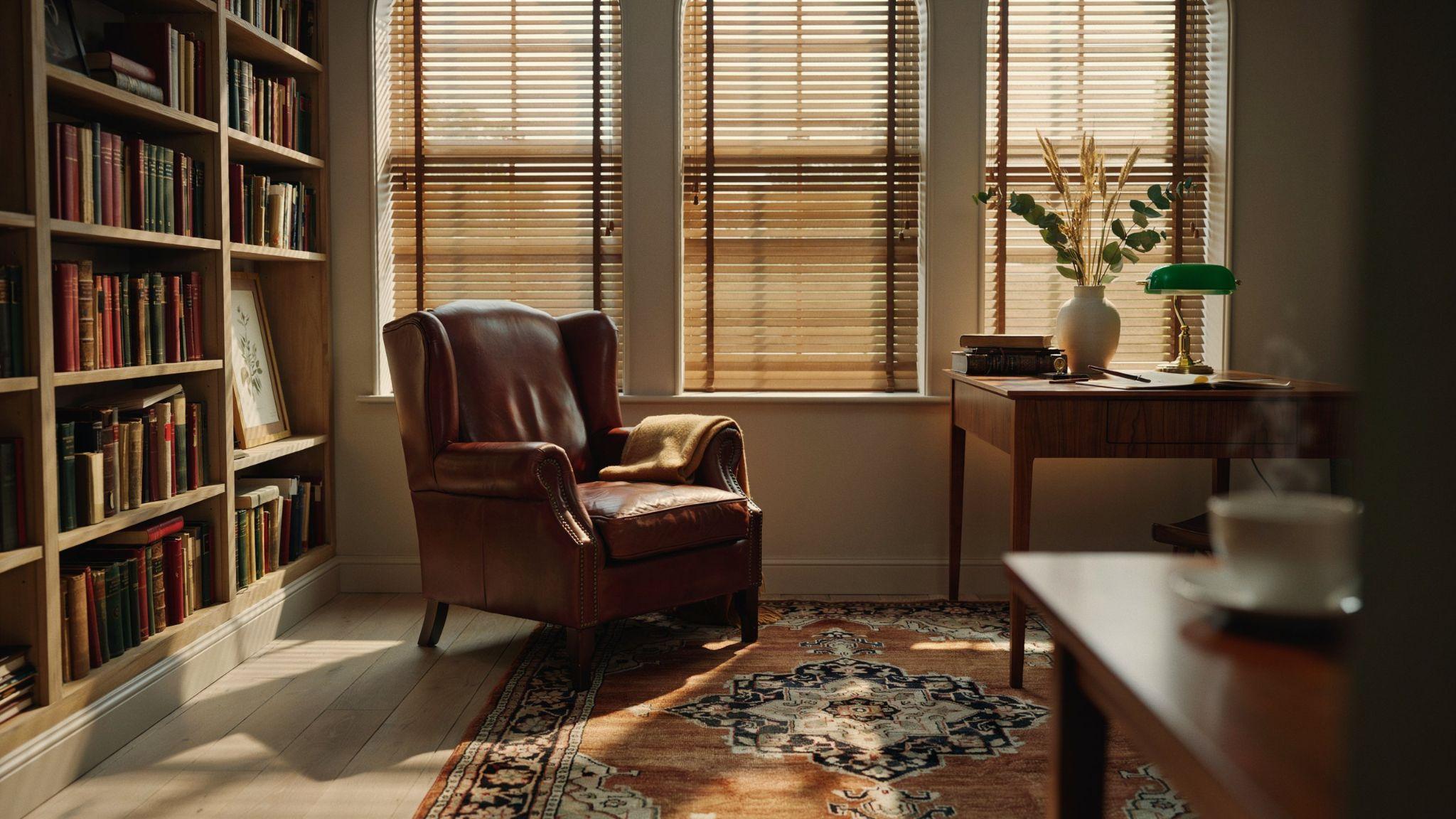 Natural wood blinds bring warmth and texture to three windows.