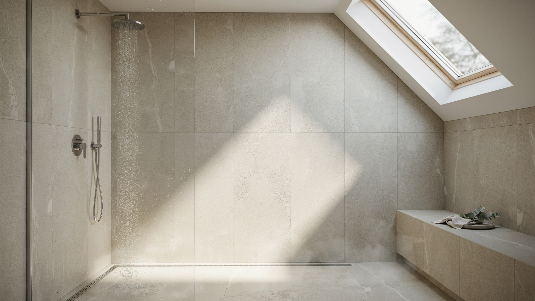 "Modern walk-in shower with high corner frosted window featuring waterproof framing and natural light in a luxury bathroom design"