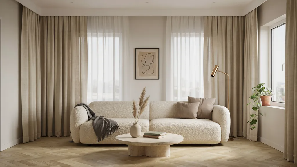 Neutral curtains over white vertical blinds creating a calm and timeless interior look.