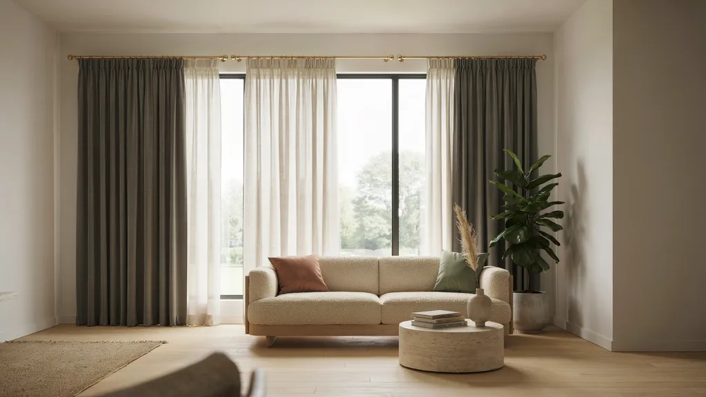modern room showing layered curtain fabrics demonstrating light control privacy and different curtain functions in stylish interior setup.