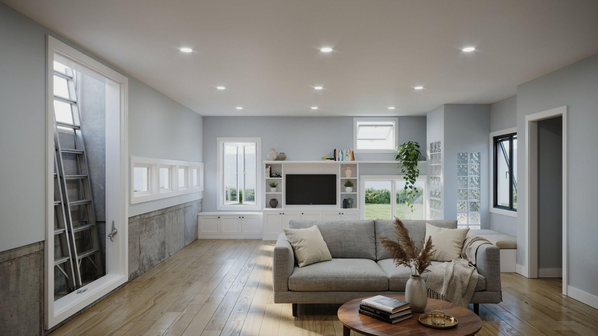 Finished basement displaying window styles for light, ventilation, privacy, safety, and efficiency.