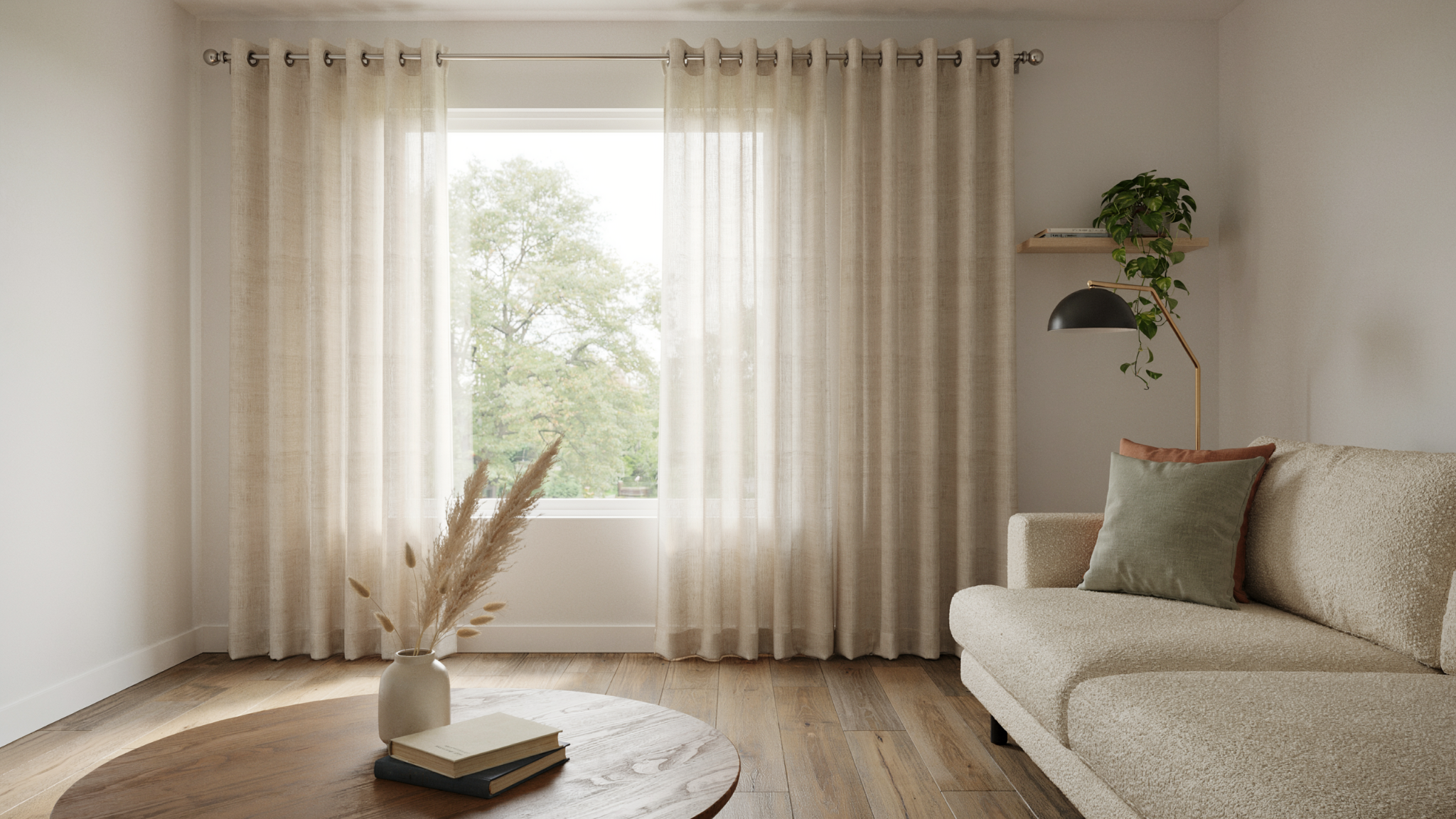 Grommet top curtains with smooth wave folds in a modern living room.