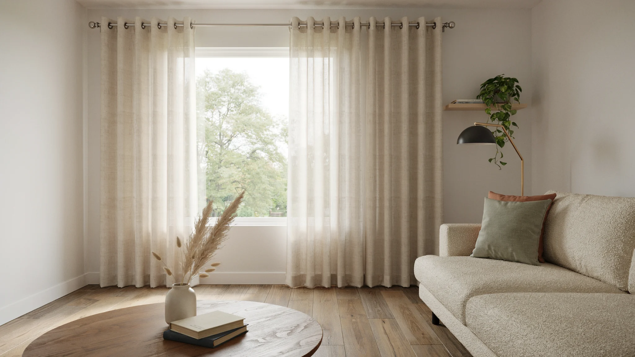 Grommet top curtains with smooth wave folds in a modern living room.