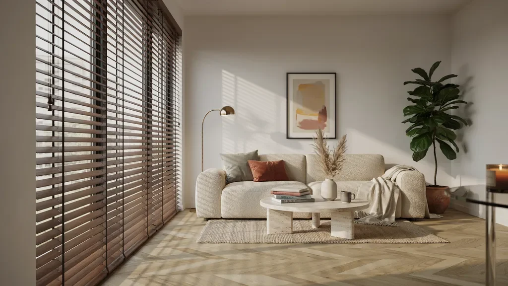 Faux wood blinds in a modern living room