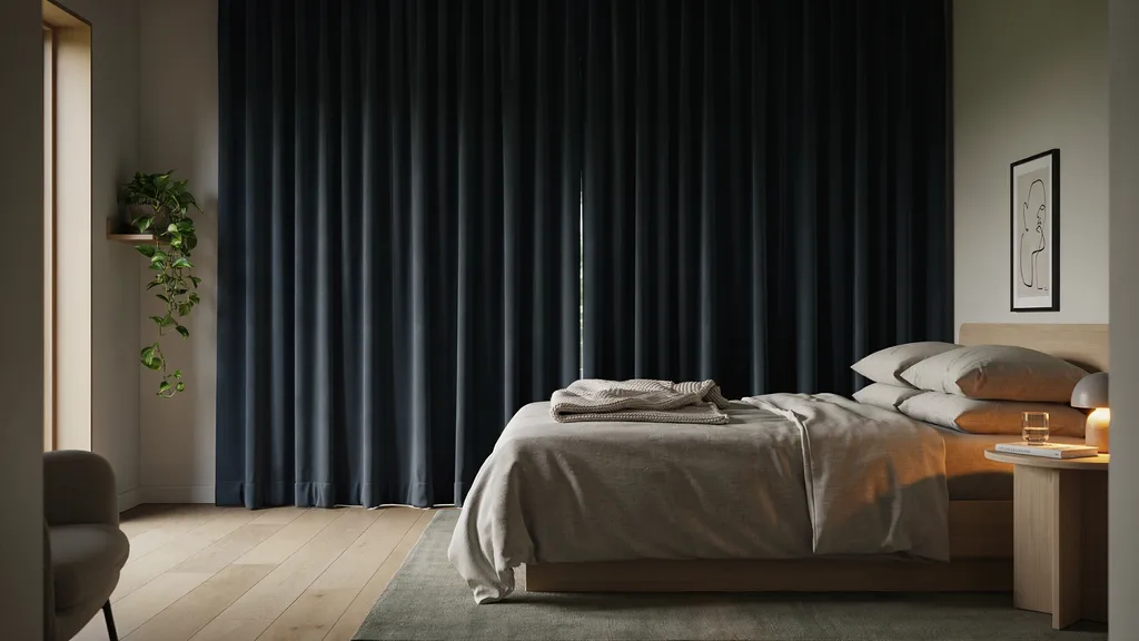 bedroom with thermal curtains providing insulation and comfort in a cozy modern interior setting.
