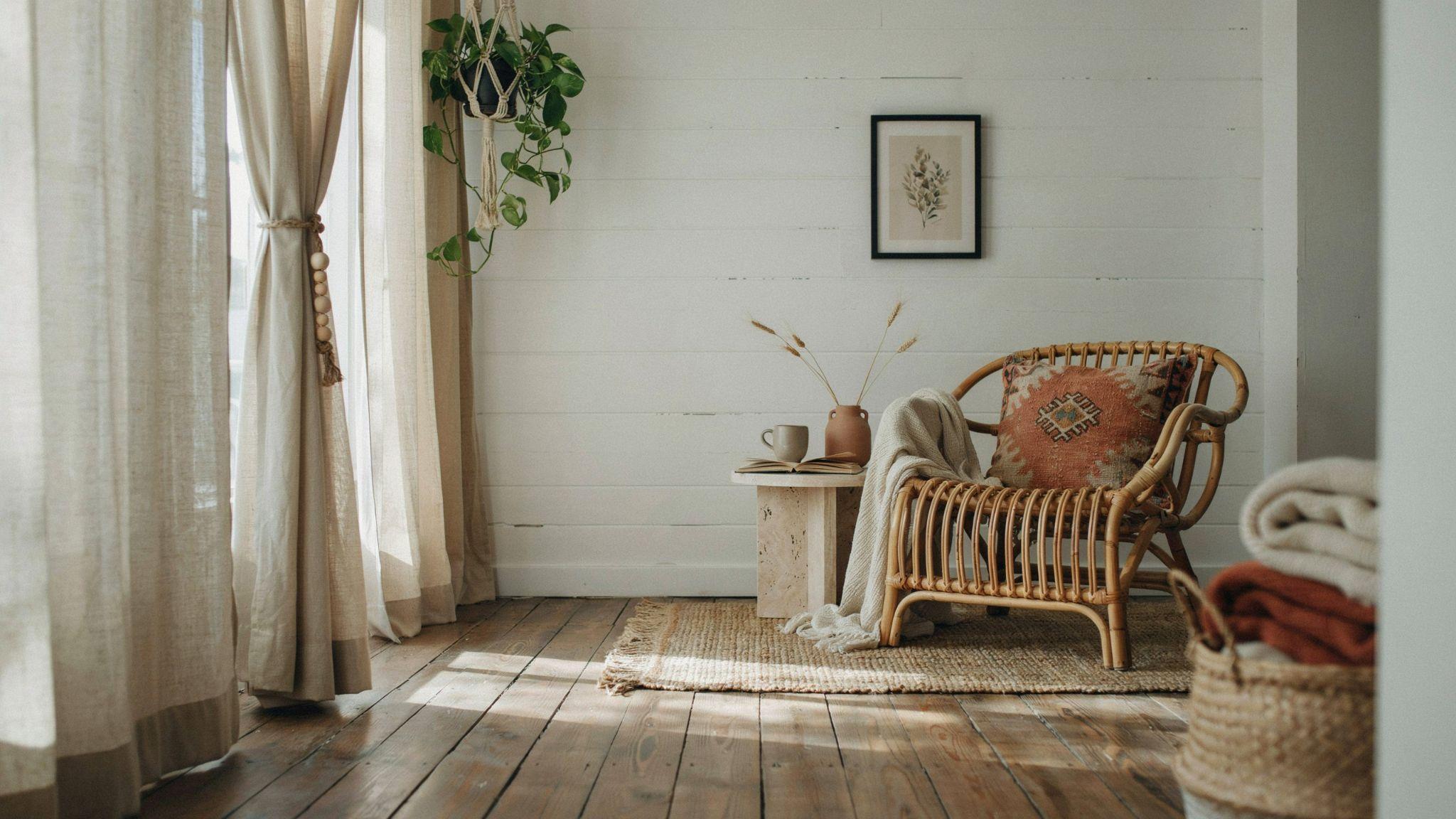 Sheer curtains in a boho reading nook gathered with a minimalist DIY tie back of large wooden beads and natural rope.