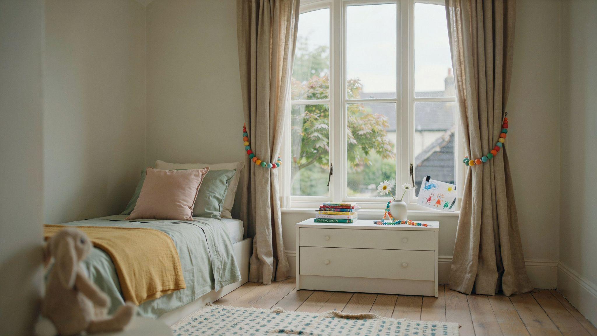 Linen curtains in a kid’s bedroom held by playful DIY tie backs made from colorful wooden beads strung on cord.
