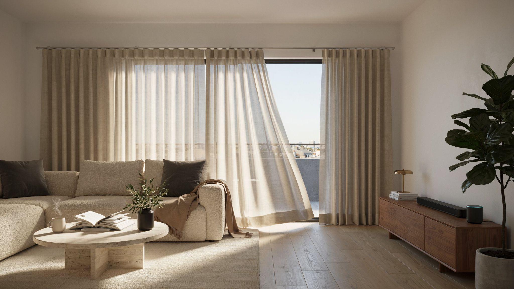 Motorized curtain rod opening curtains automatically in smart modern home interior living space