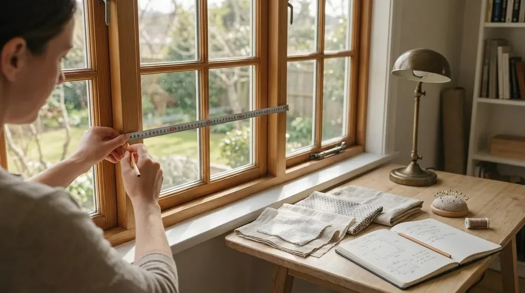 Measuring a window and planning fabric requirements for custom curtain sewing.