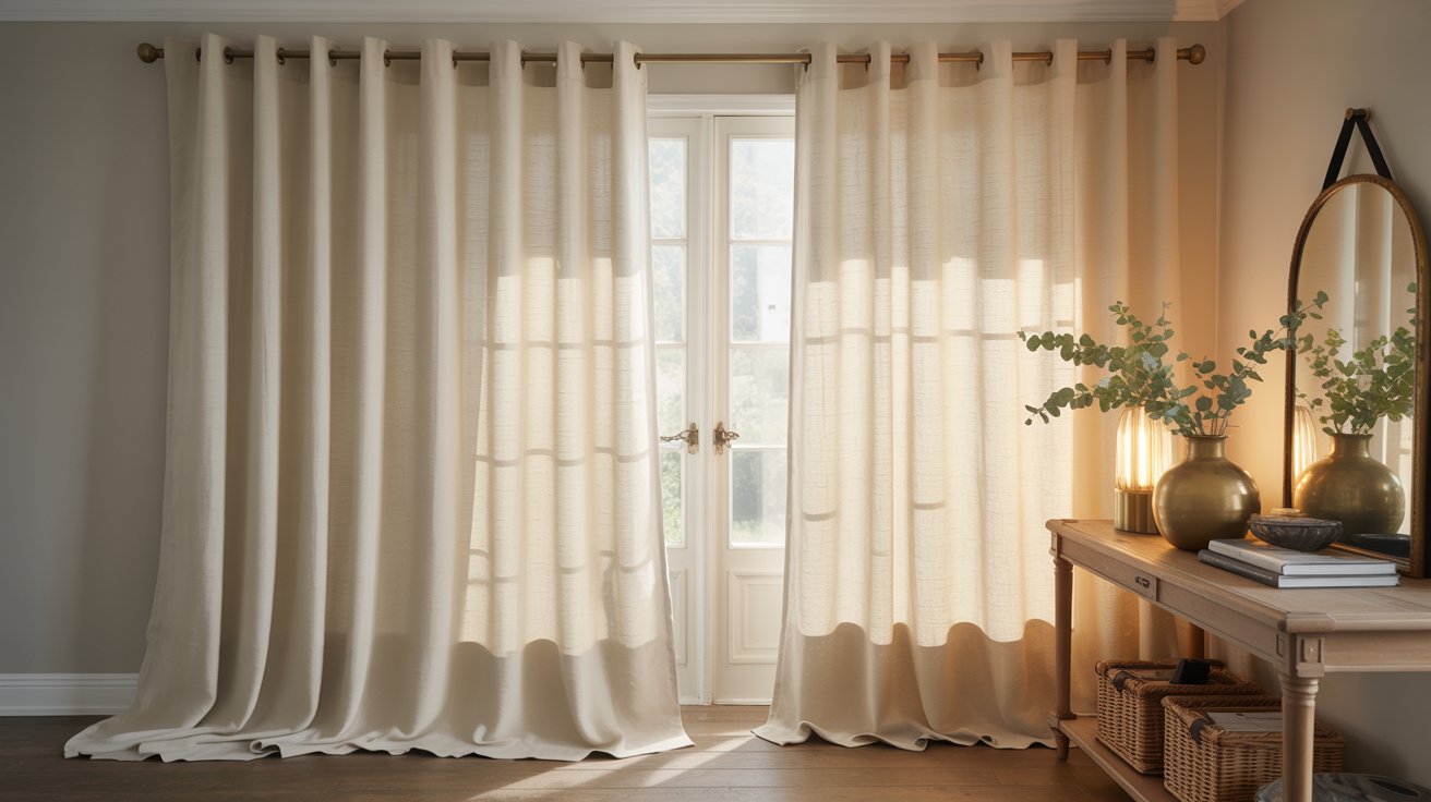 "Welcoming entryway with rod pocket curtains featuring soft gathered fabric for a simple decorative window style."