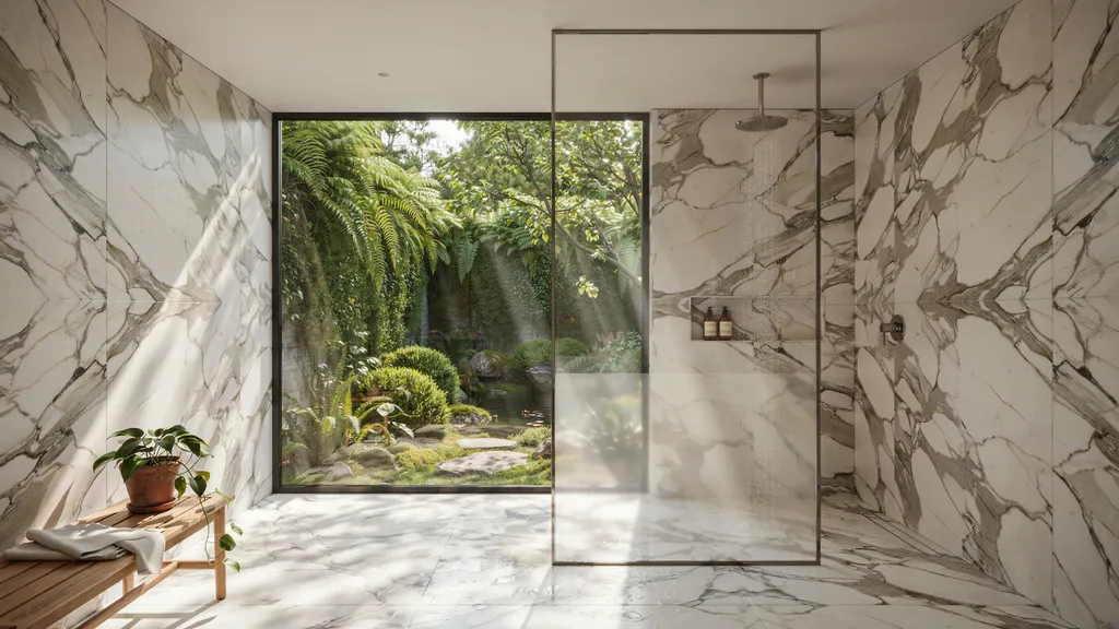 "Luxury walk-in shower with large floor-to-ceiling window bringing natural light and garden views into a spa-like bathroom"
