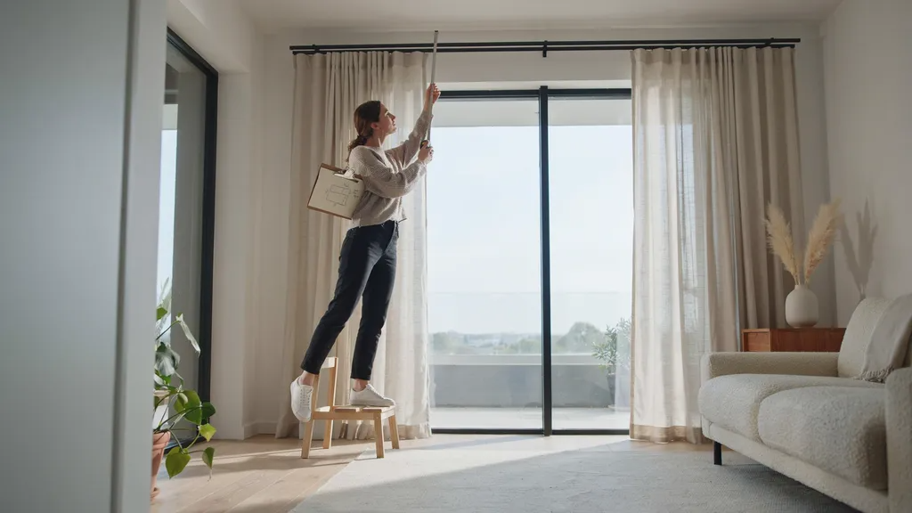 Person measuring a window for curtains in a modern living room with elegant drapes and curtain rod.