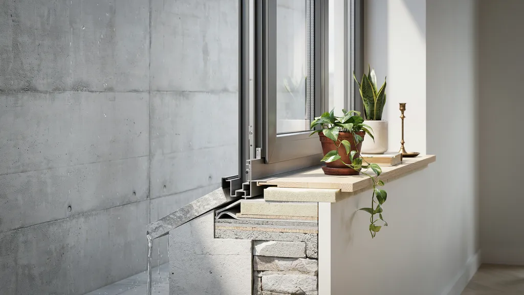 "Window sill showing rainwater drainage on exterior side, stable window frame