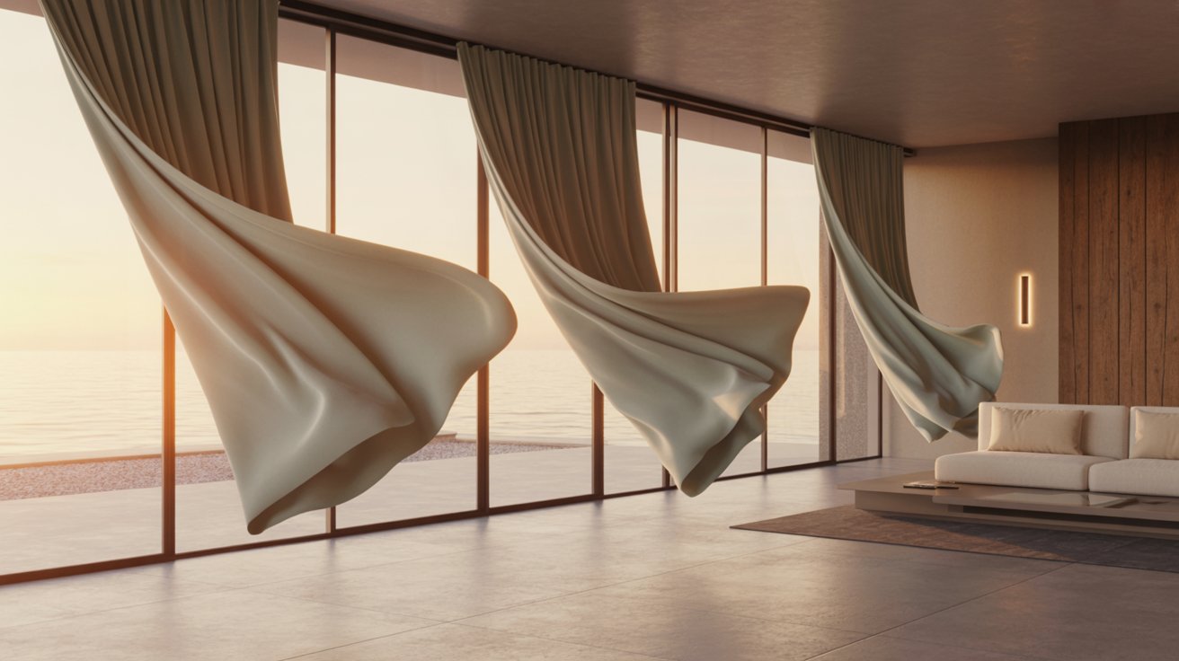 "Modern smart home living room with motorized curtains automatically opening to control light and improve convenience."
