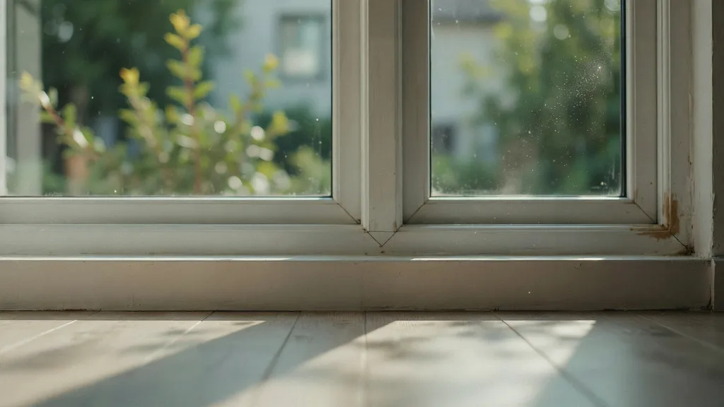 "Interior window sill showing contrast between well-maintained and damaged areas with visible cracks, water stains, and natural daylight highlighting architectural detail"