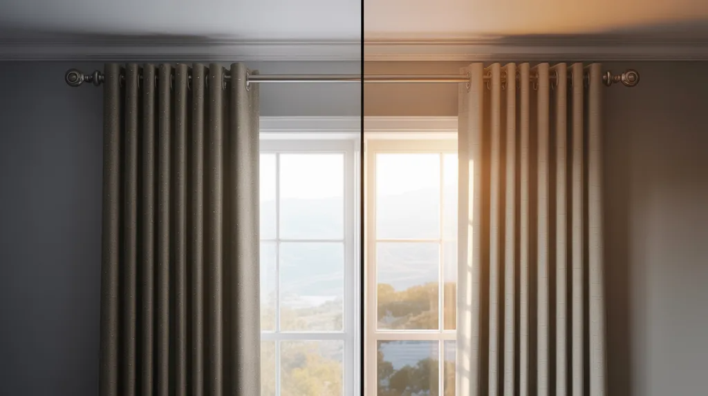 Side-by-side comparison of incorrect and correct curtain rod sizes showing bending vs properly supported curtains.