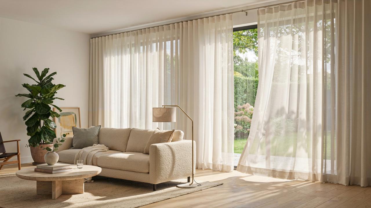 Bright living room with translucent sheer curtains filtering sunlight while maintaining a clear outdoor view.