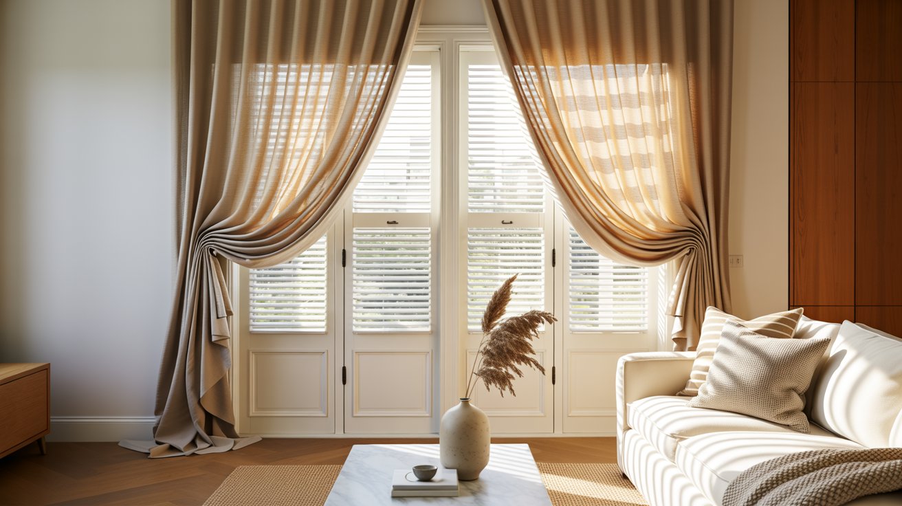 Comfy living room window with plantation shutters and linen curtains creating a relaxed, natural, and stylish casual interior look.