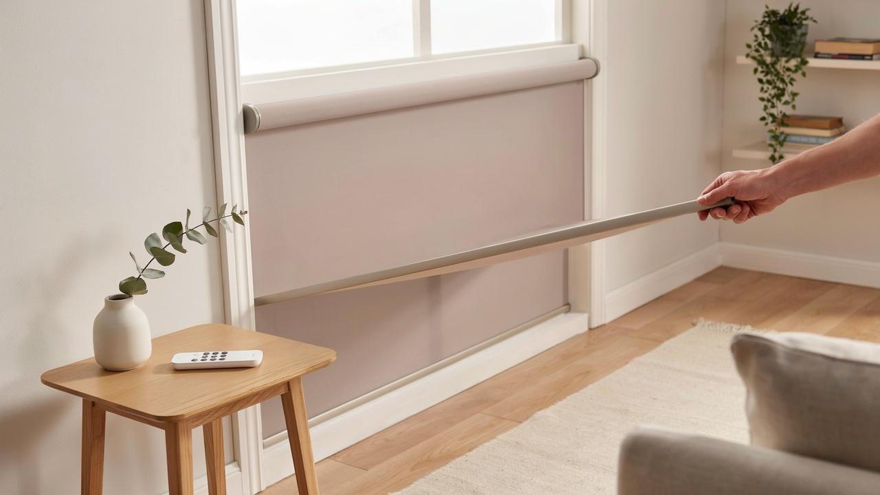 A person manually adjusting motorized blinds with a remote control placed nearby in a modern room.